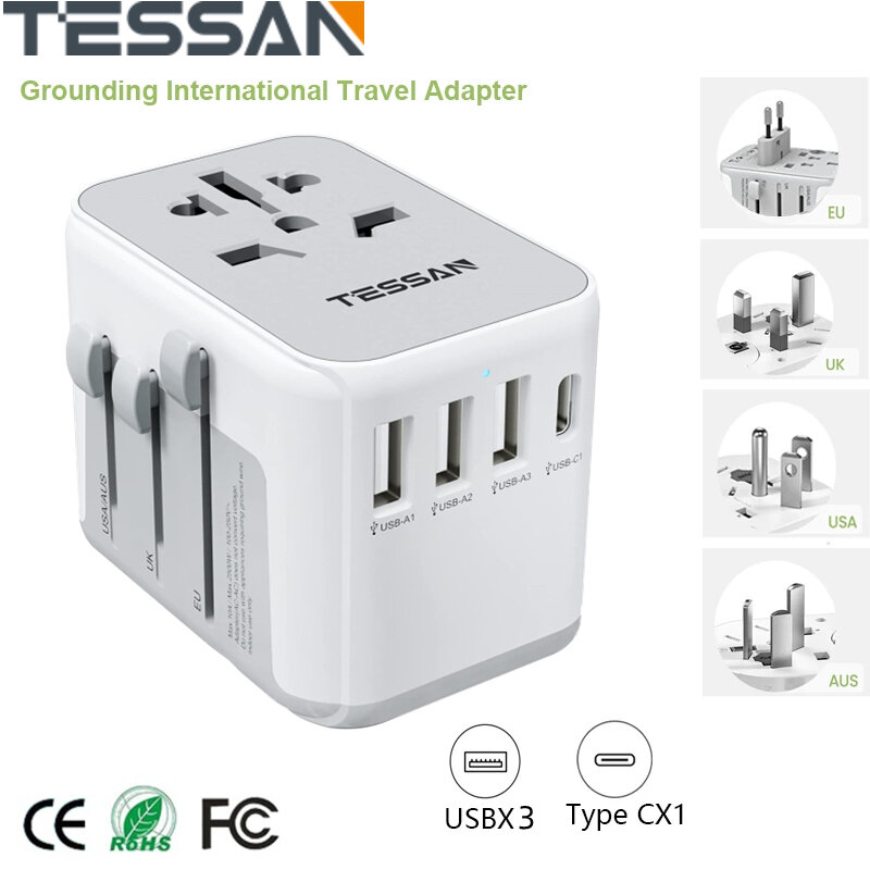 Universal Adapter Plug PH/US/AU/EU Adaptor Socket Travel Charger with 3 USB Ports+(1 USB C),TESSAN International Travel Adapter Universal Adaptor All in One Worldwide EU Adaptor Universal Socket for E