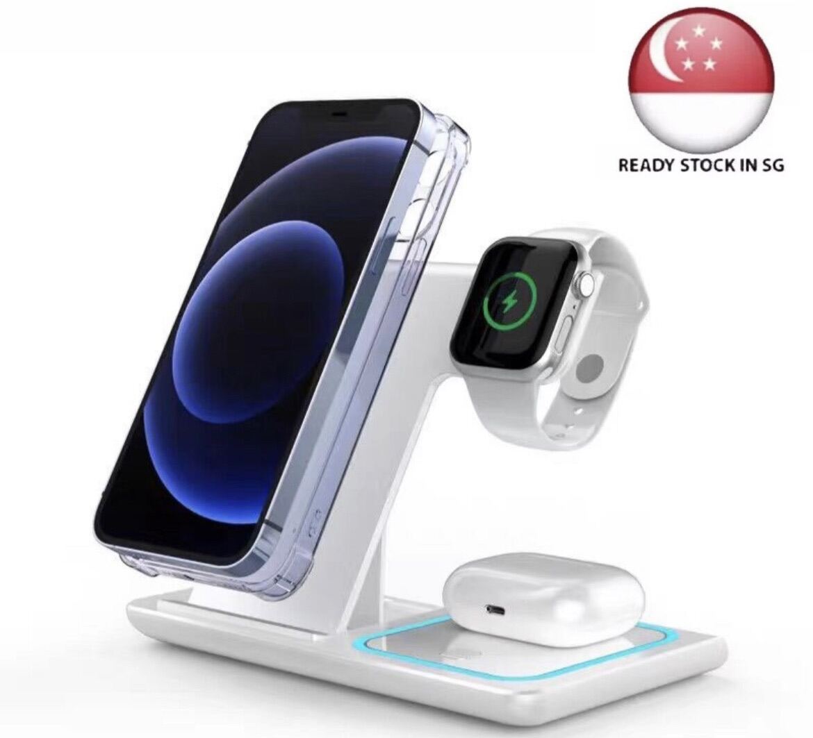 ?SG Ready Stock ? Baseus X455 Foldable 3-in-1 15W Wireless Charger Desktop Qi Fast Charging Stand Dock for iPhone Android iWatch AirPods