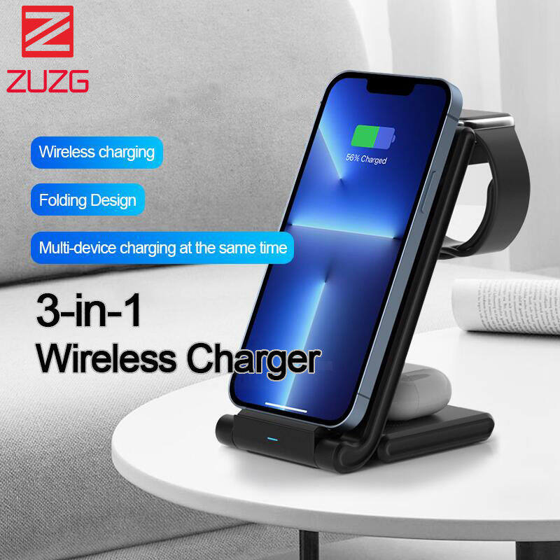 ZUZG 3 In 1 15W Wireless Charger Stand For IPhone 14 13 12 11 XR 8 Apple Watch Qi Fast Charging Dock Station Folding Design 3W for Airpods Pro IWatch Home Travel