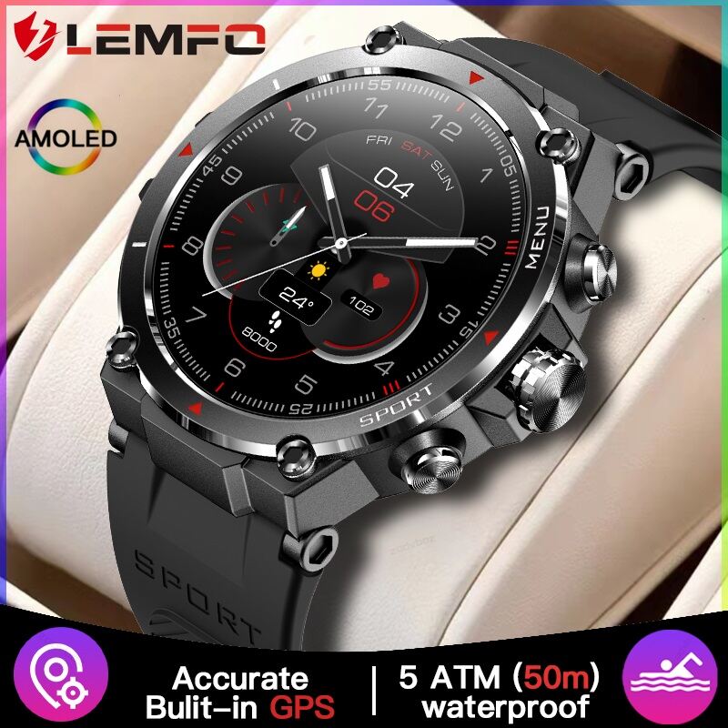 LEMFO GPS Smart Watch AMOLED Screen 5ATM Waterproof Heart Rate Blood Oxygen Health Monitor Sports Military Smartwatch for Men Women Android iOS PK Stratos 2