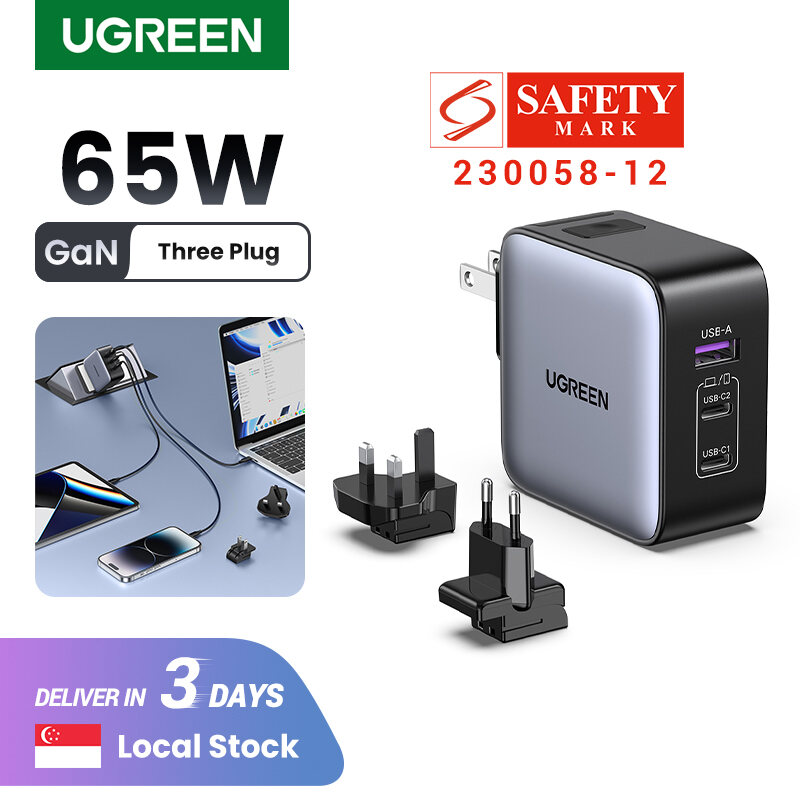 UGREEN 65W GaN PD Fast Travel Charger Quick Charge 2 Type C 1 USB A Charger with UK/EU/US Plugs Multi Plug Adapter for Ipad Pro 2022 MacBook M2 iPhone 14 13 Pro Max iPhone 14 Plus XR Macbook Air 4 202