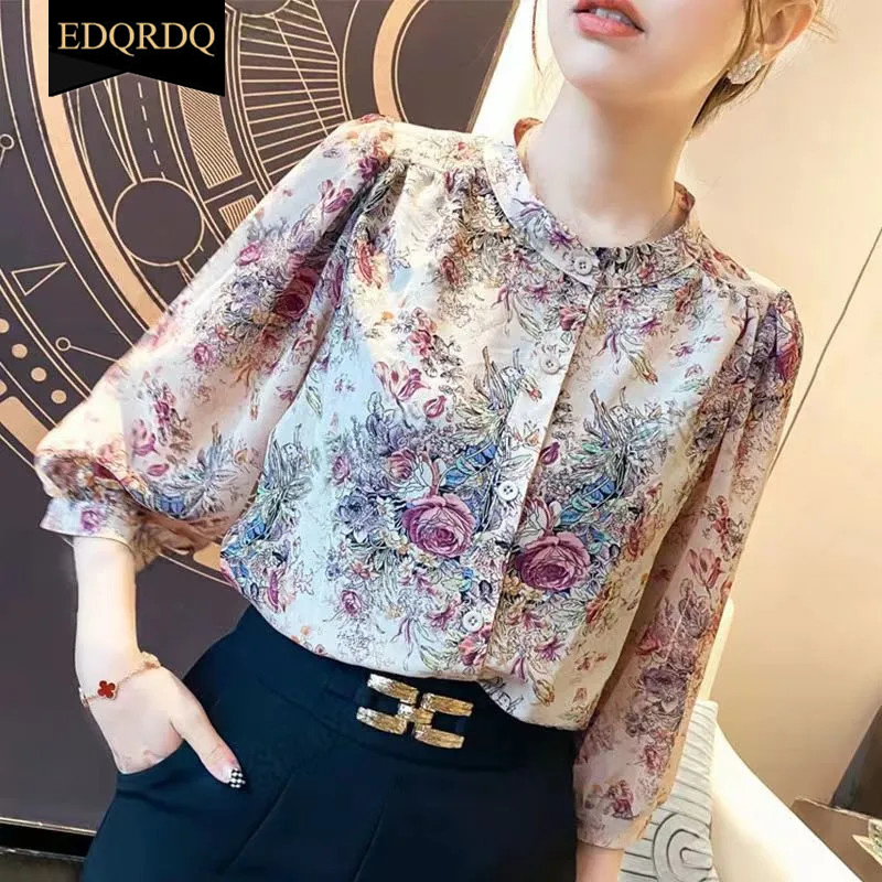 EDQRDQ Floral Shirts Chiffon Loose Front Button 3/4 Sleeve O Neck Blouses Tops