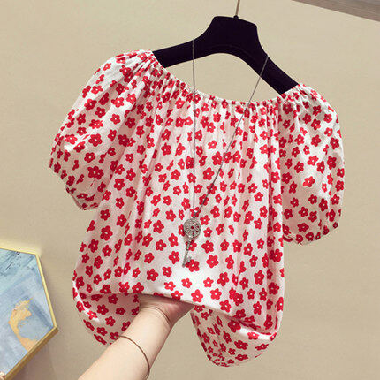 AMMIN Tops 2021 new style floral print short-sleeved elegant chiffon shirt women's summer elastic boat neck strapless short style simple fashion all-match blouse
