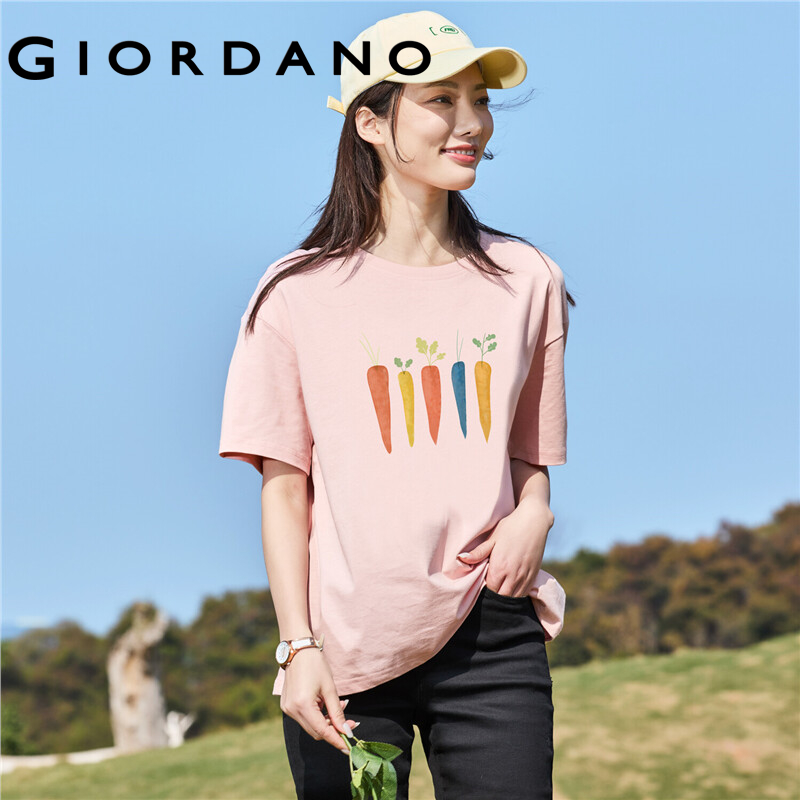 GIORDANO Women HuaXianSheng Series T-Shirts Short Sleeve Breathable Summer Tee Print Graphic Cotton Casual T-Shirts 99392034
