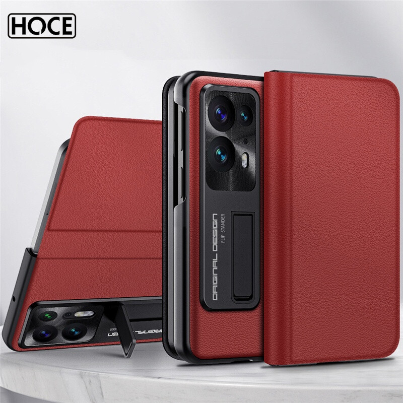 HOCE Luxury Genuine Leather with Holder Fold Phone Case for OPPO Find N2 5G Cover Shockproof Hard Magnetic Case