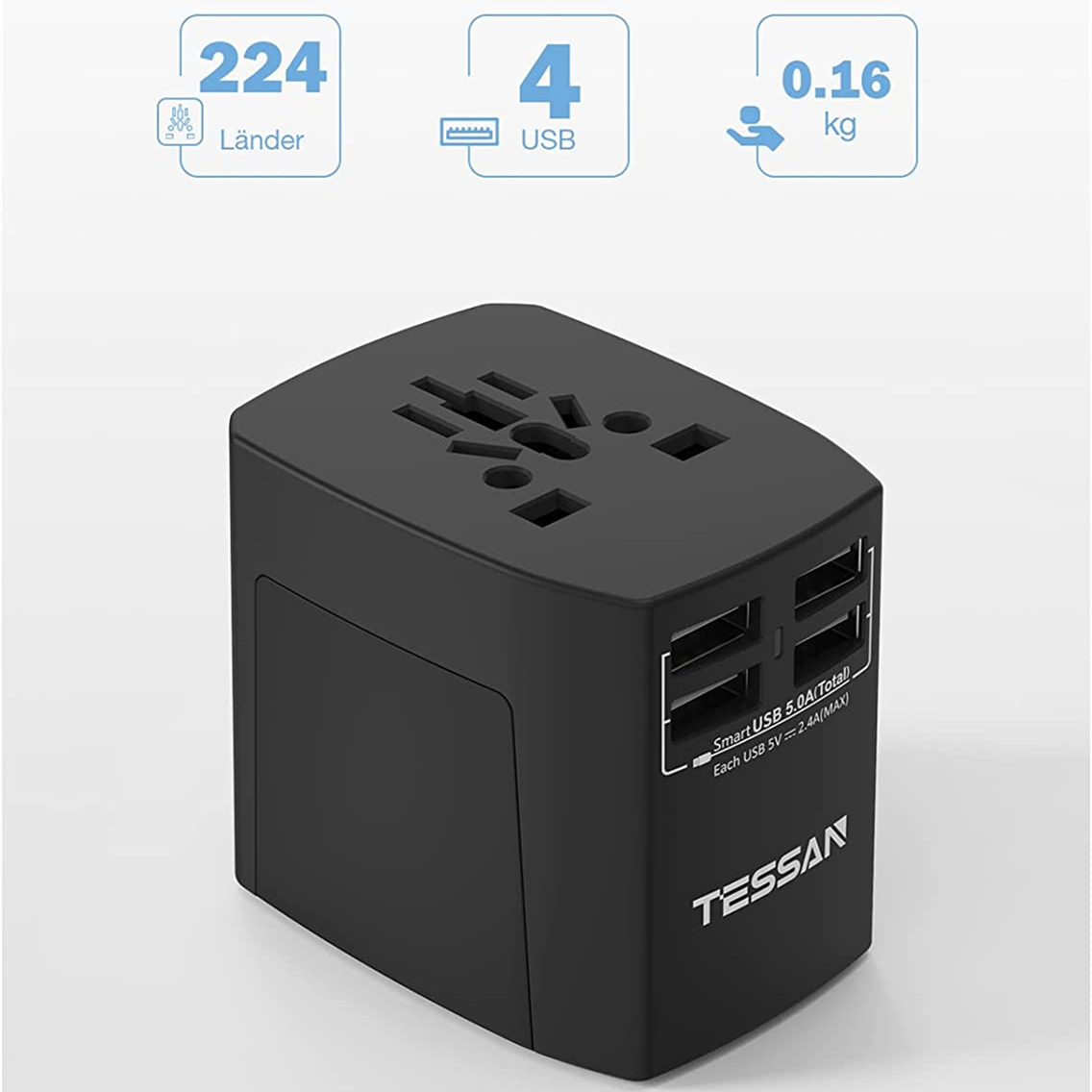 TESSAN Universal Adapter USB International Travel plug Worldwide USB Charger for 224+ Countries Travel Plug Adaptor with 4 USB Ports + Universal AC Charging for International Use for Europe Germany UK