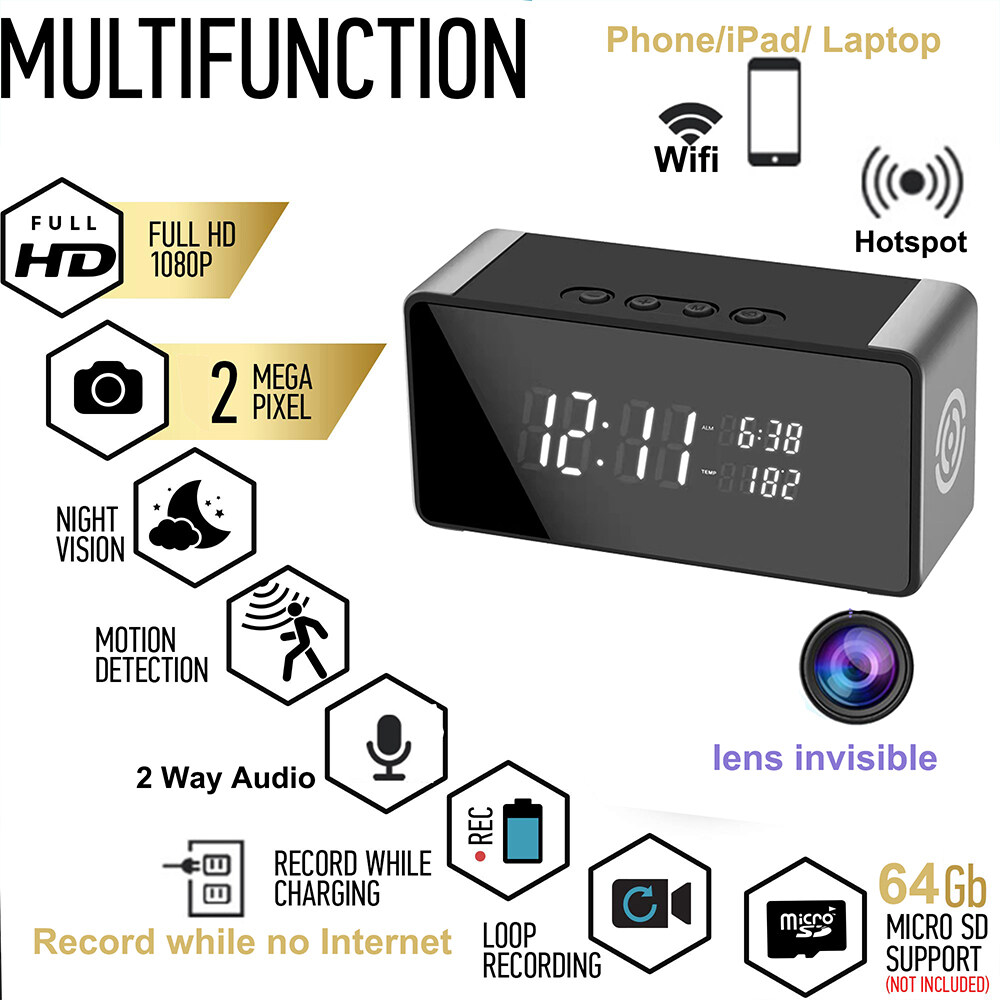 Original Wifi Electronic Clock Camera 4K/1080P Hidden Wireless Micro Camera Infrared Night Vision Digital Clock Remote Monitoring Motion Detection 1600mAh Monitoring Camera Support 128G TF Card