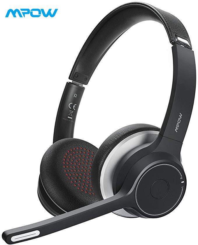 Mpow HC5 Bluetooth Headset V5.0, Wireless Headphones with Dual Microphone, CVC8.0 Noise Canceling, 22+Hrs Talk Time, Soft Ear Pad, Wireless Business Office Headset for Calling, Music (Wired Optional)