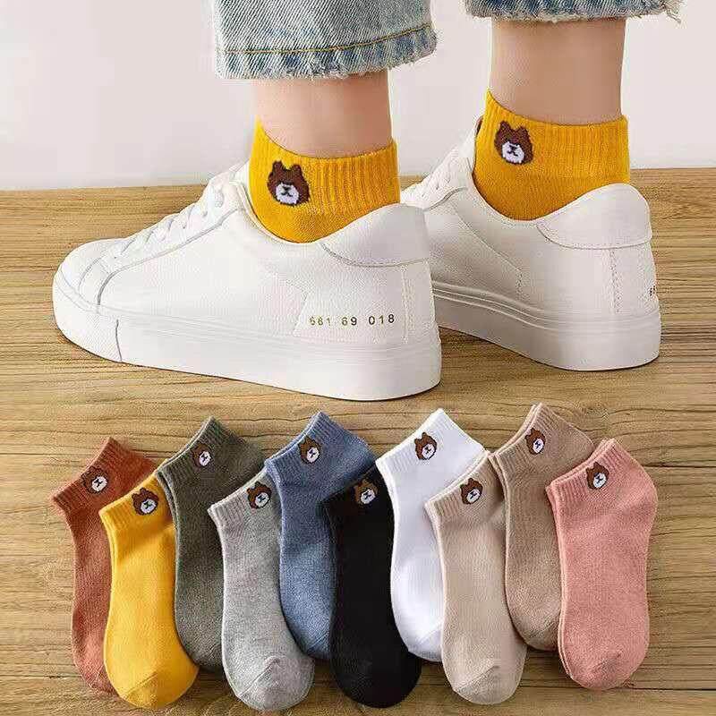(10 pairs, 10 colors) Brown bear socks For Women Men Kids Children Cute Cartoon Short Socks