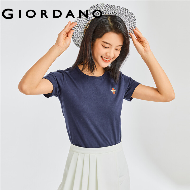 GIORDANO Women T-Shirts Short Sleeve 100% Cotton Summer Casual T-Shirts Embroidery Crewneck Relaxed Basic T-Shirts 13322221