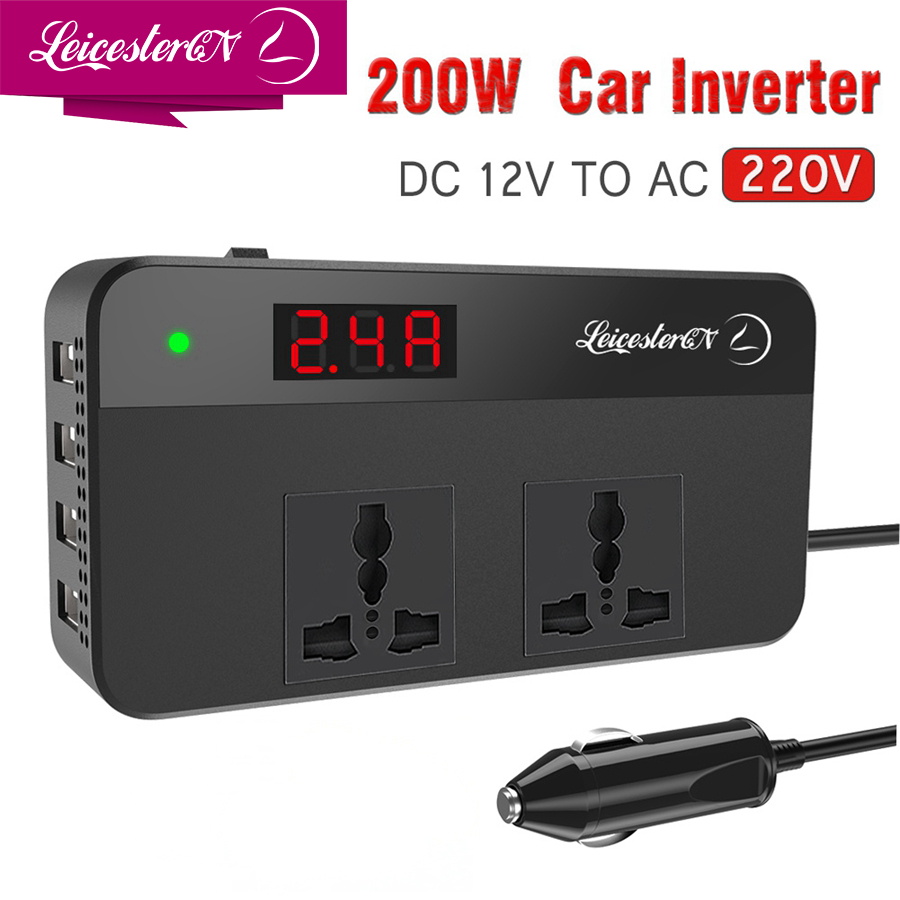 【Upgraded】LST 200W 220V Car Power Inverter Original DC 12V to 220V AC Car Converter 2 AC Outlets 4 USB Ports Adapter(2*QC3.0 Fast Charging Port) DC to AC Inverter with Digital Display