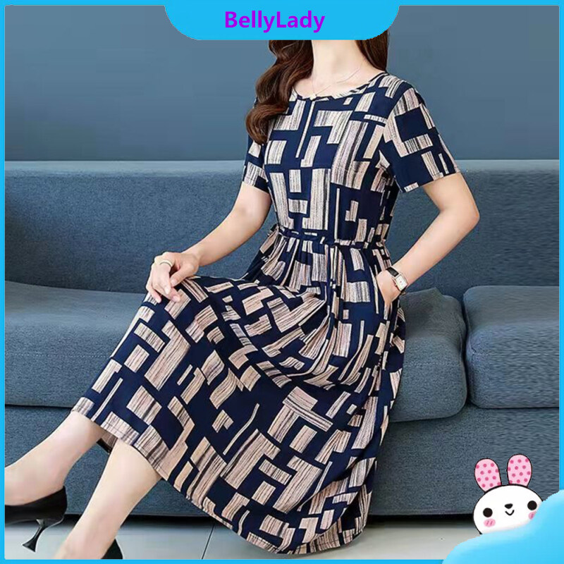 Women Summer Short Sleeves Dress Elegant Stylish Printing Round Neck Midi Skirt Large Size Loose Casual Dress