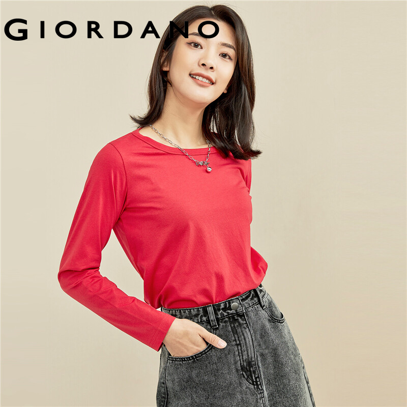 GIORDANO Women T-Shirts 100% Cotton Simple Plain Color Basic T-Shirts Long Sleeve Crewneck Casual Relaxed T-Shirts 13322882