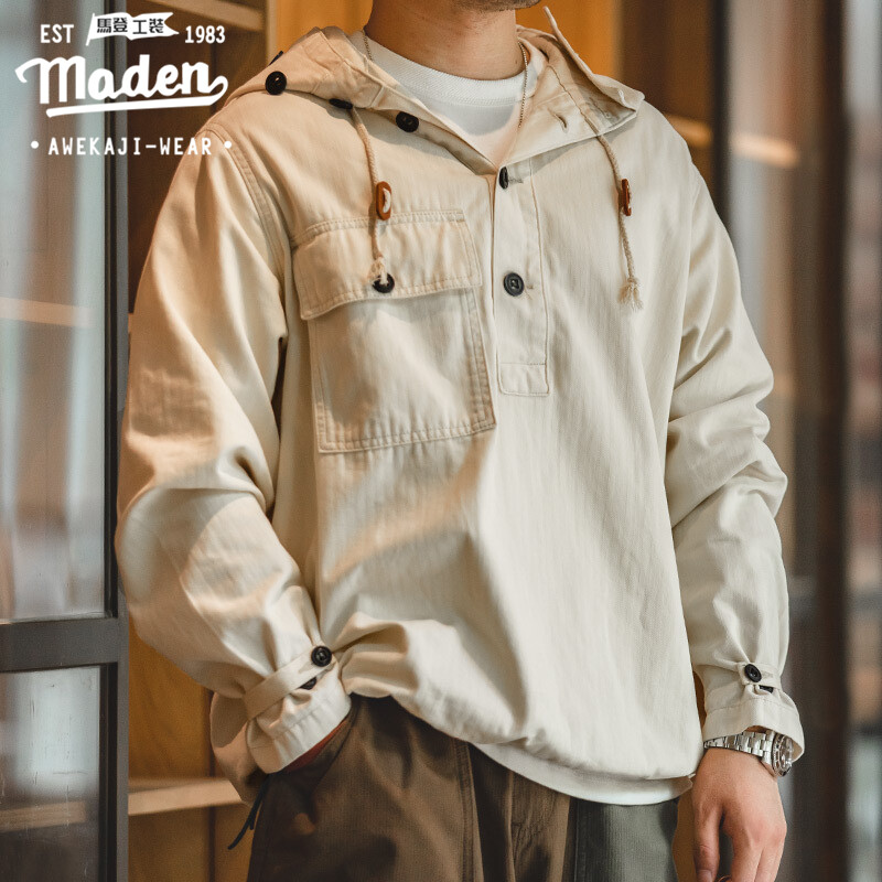 Maden brand tooling style tough guy men youth American 1940S retro World War II navy work clothes off-white coat herringbone half-cardigan protective male hoodie sweater
