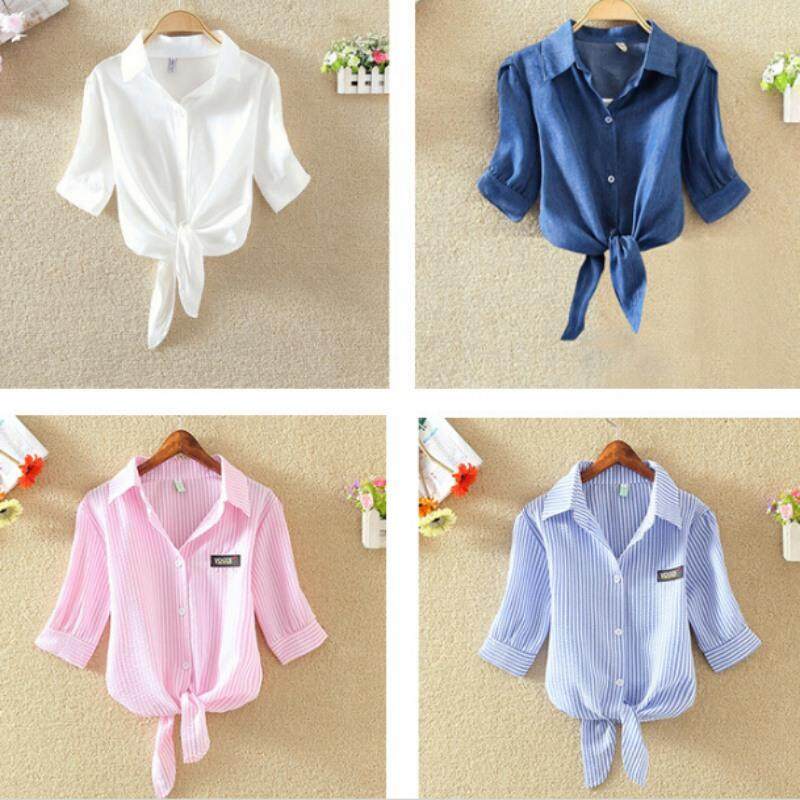 Women's Stripe Bowknot Short Sleeve Shirt