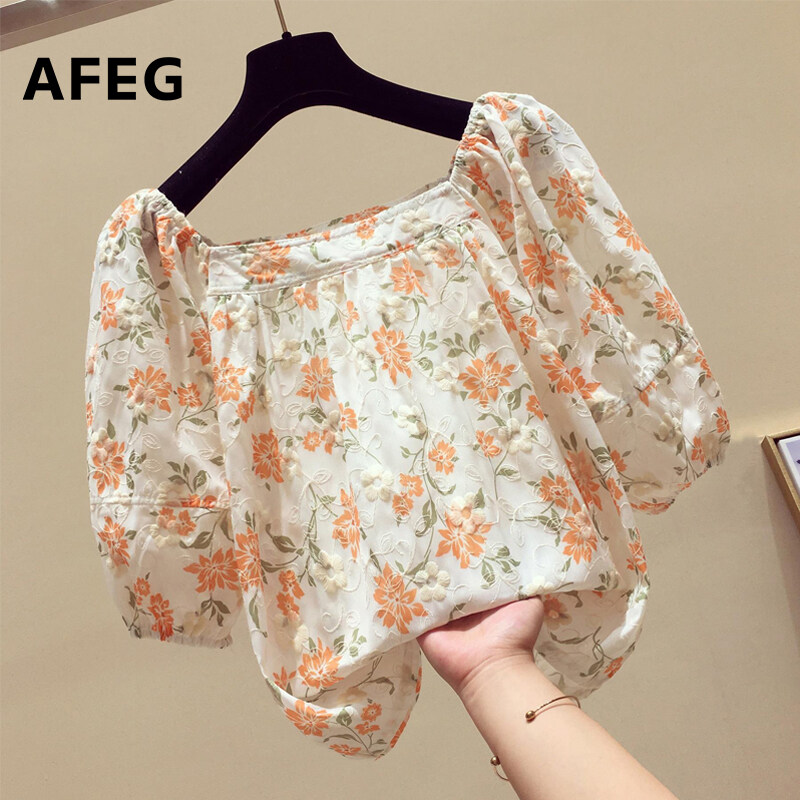 AFEG new Korean style square neck fashion loose wild floral short-sleeved blouse for women