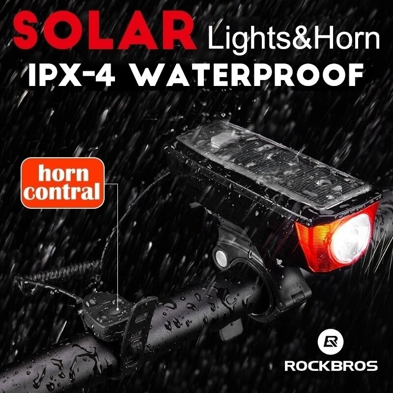 Rockbros Bicycle Light Solar Panel USB Rechargeable Bike Front Lamp 4 Modes 350 Lumen Light 120dB Bell Waterproof Light
