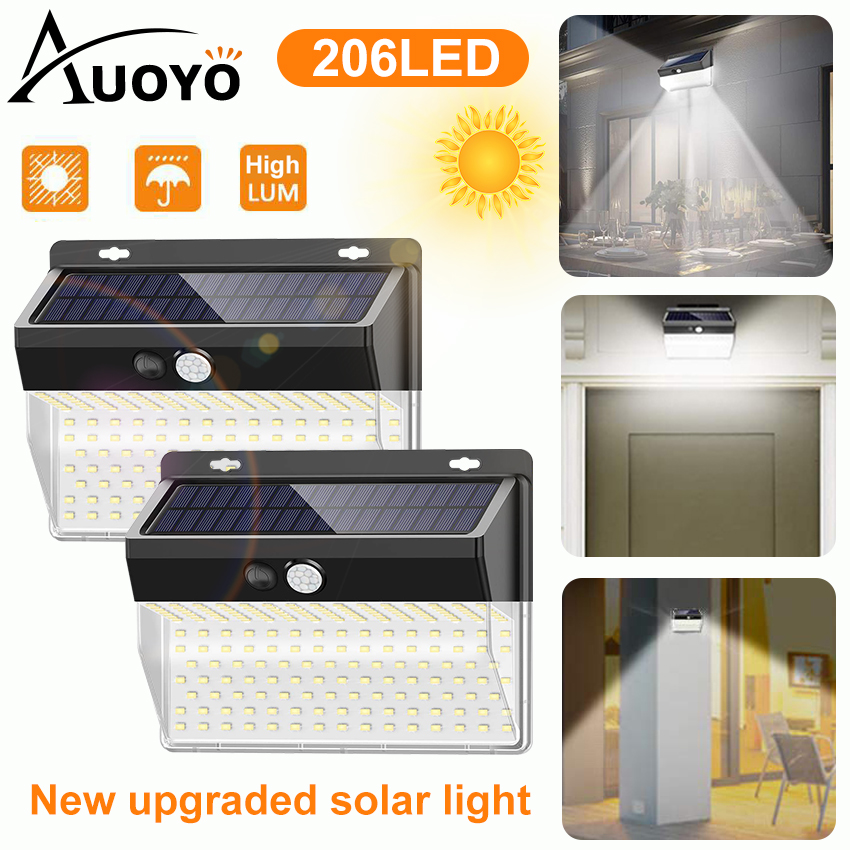 Auoyo 206LED Outdoor Lighting Solar Security Outdoor Lights Solar Lights  270° Wide Angle Lighting Solar Motion Sensor Lights Wireless Waterproof for Yard Garage Deck Pathway Porch