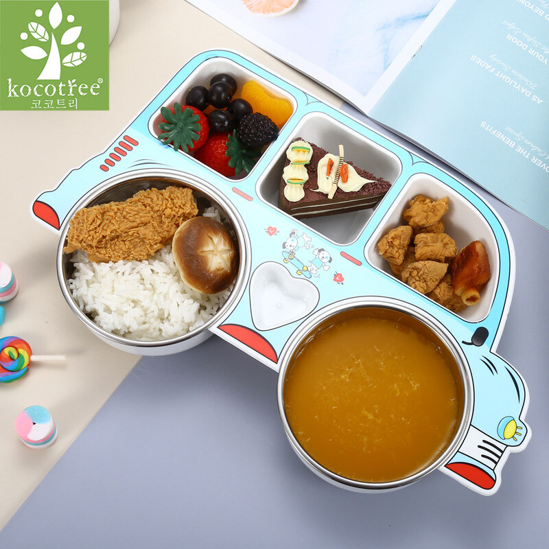 Kocotree Safe stainless steel children's dinner plate 304 stainless steel Cartoon car shape Baby food supplement tableware Anti-scalding partition design Kindergarten gift sets