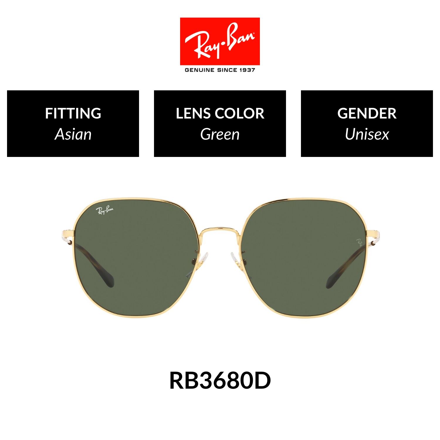 Ray-Ban RB3680D 001/71 Unisex Asian Design Sunglasses Size 60mm