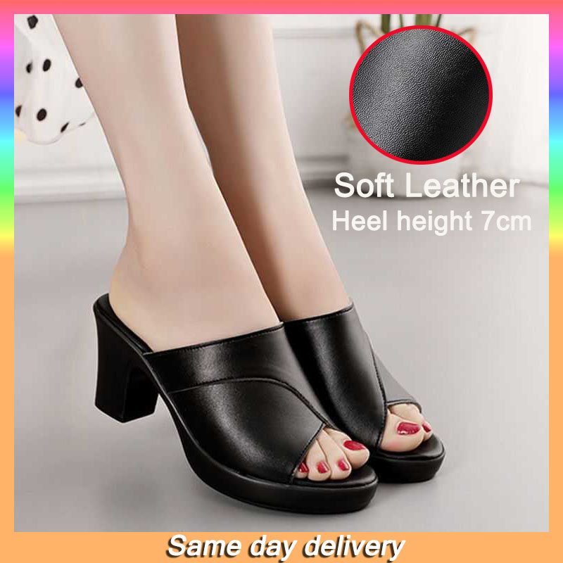 Thick Heel Soft Leather Soft Bottom Non Slip Fish Mouth Cool Slippers Female