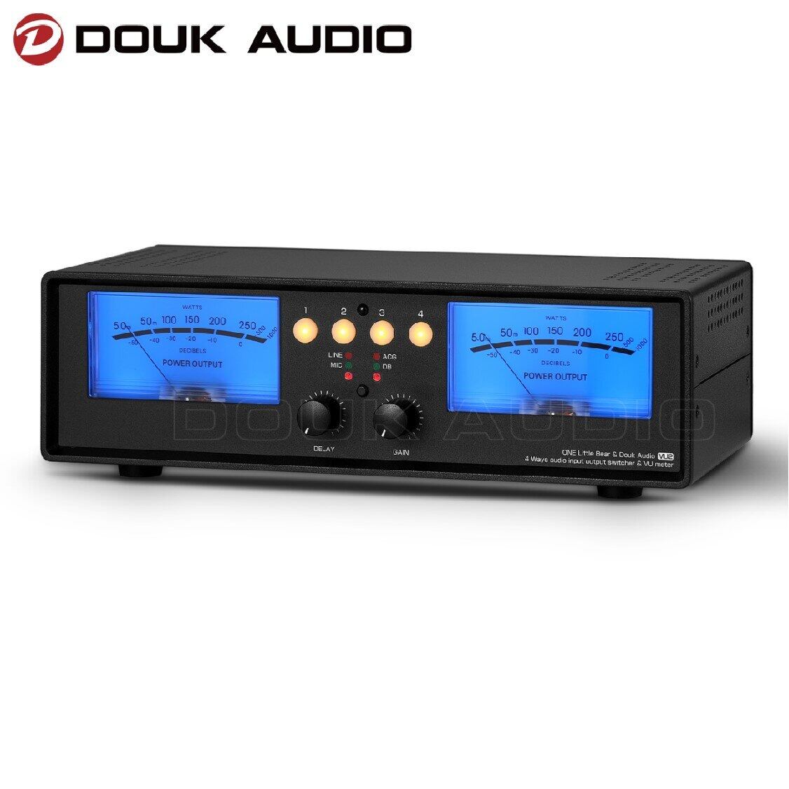 Douk Audio 4-Way MIC+LINE Dual Analog VU Meter DB Panel Sound Level Meter Audio Splitter Switcher Box Music Spectrum Analyzer