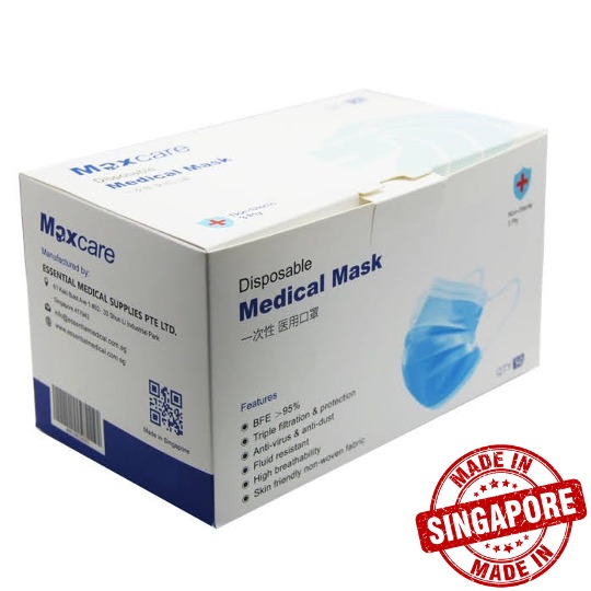 MAXCARE 3 Ply Medical Grade White Masks 100 Percent Made in Singapore