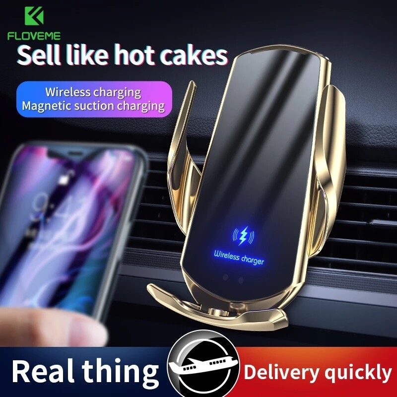 FLOVEME For 15W Automatic Qi Car Wireless Charger for Samsung Galaxy S21 Ultra iPhone 12 11 Pro Max Universial Aircon Vent Magnetic USB Infrared Sensor Phone Holder Mount