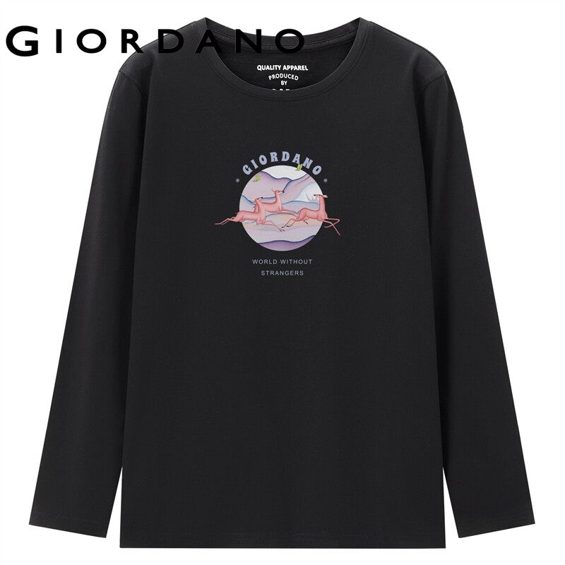 GIORDANO Women ARTAND Series T-Shirts Comfy 100% Cotton Spring Fall Casual Tee Print Pattern Long Sleeve Crewneck Tee 99392102