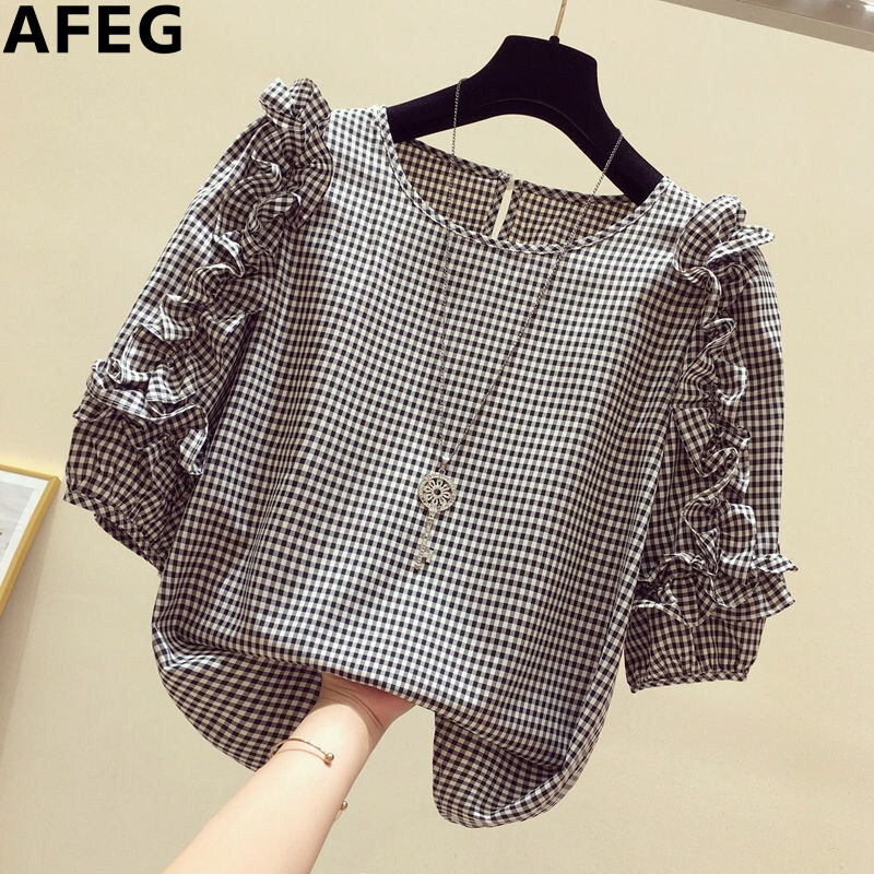 AFEG new Korean round neck fashion loose wild plaid chiffon short-sleeved blouse for women
