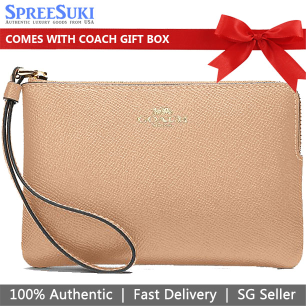 Coach Wristlet In Gift Box Small Wristlet Crossgrain Leather Corner Zip Taupe Beige # 58032