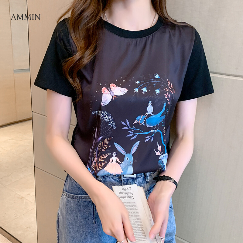 AMMIN Silk and cotton stitching round neck exquisitely printed t-shirt women's 2021 summer new short-sleeved mulberry silk loose-printed elegant blouse chic tops