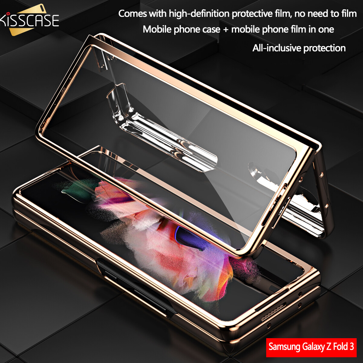 KISSCASE Is Suitable for Samsung Galaxy Z Fold 3 Carbon Brazing Dimensional Protective Cover 360 All-inclusive Tempered Glass Front Film Foldable Anti-drop All-in-one Mobile Phone Case