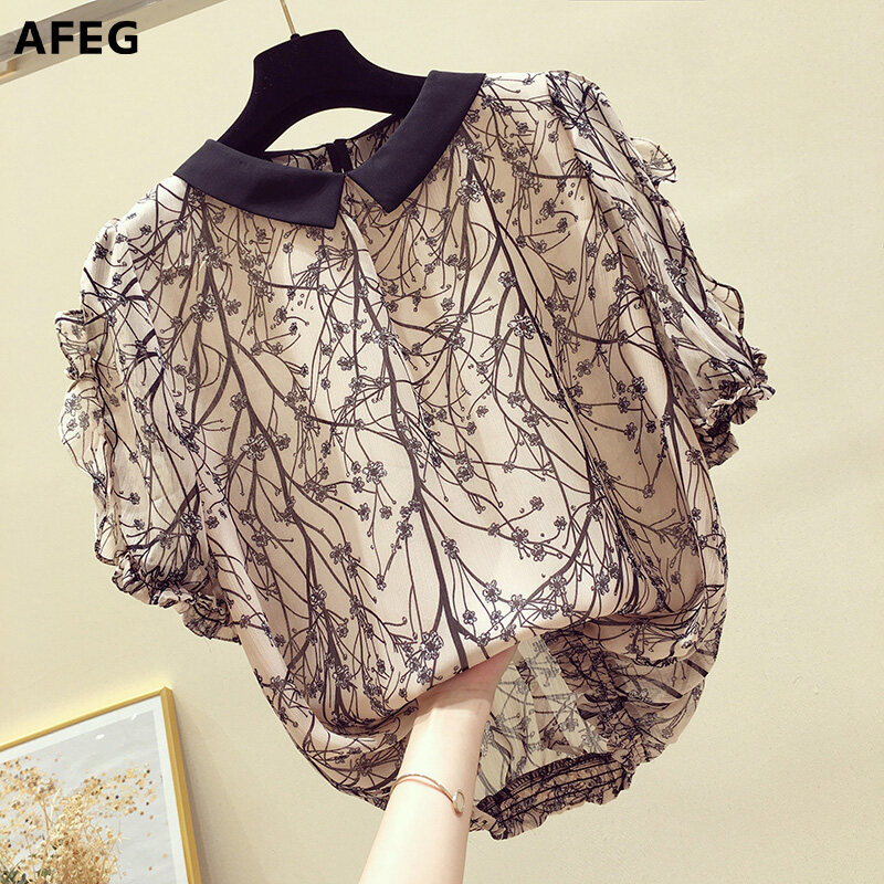 AFEG new Korean style women's short-sleeved floral blouse for women