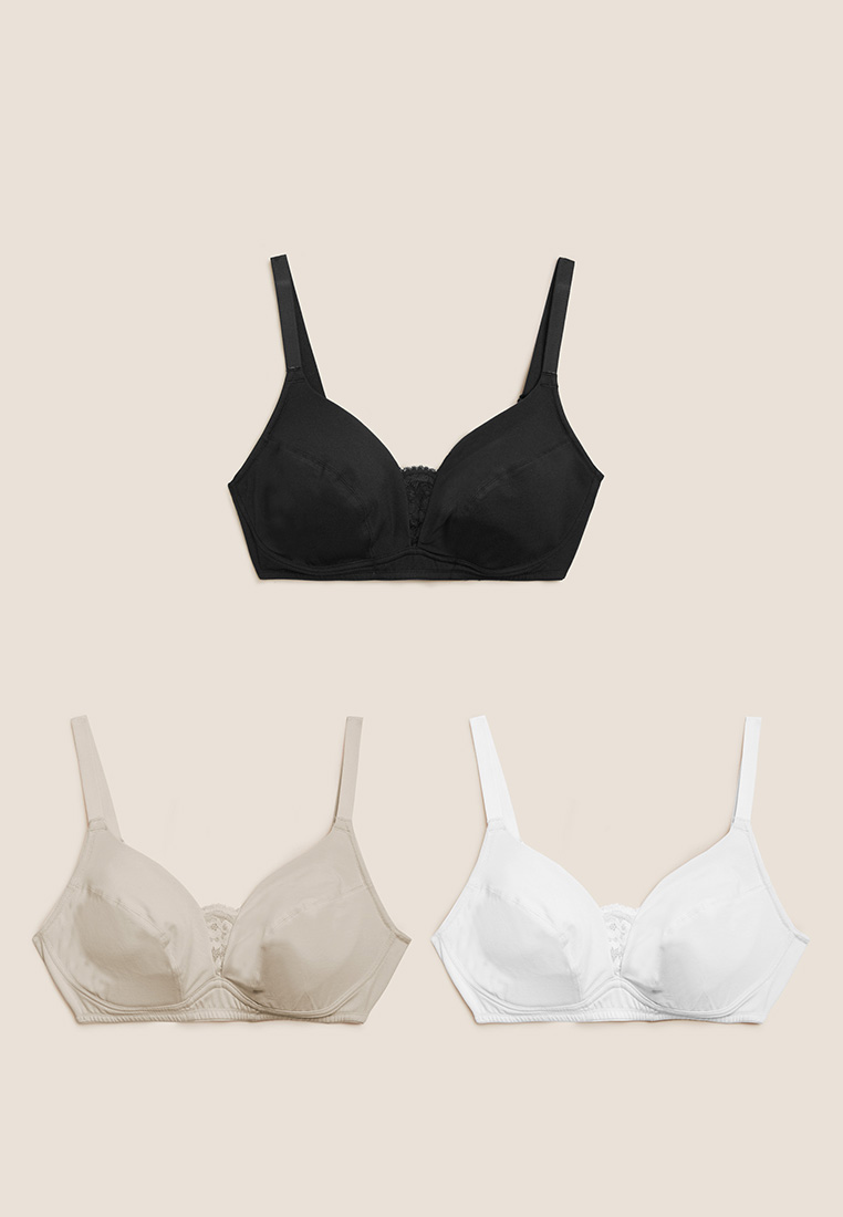 M&S 3pk Cotton & Lace Non Wired Full Cup Bra