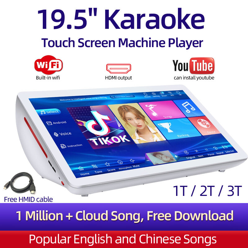 19.5"Karaoke Touch Screen Machine Player Built-in Songs WIFI HDMI Cloud Songs Free Download Support Amplifier Speaker System Home KTV Singing Set