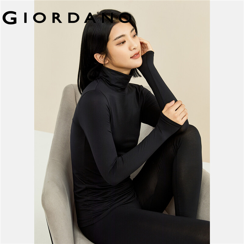GIORDANO Women T-Shirts G-Warmer Stretchy Lightweight Thermal Tee Turtleneck Solid Color Warm Casual Baselayer Tee 05512603