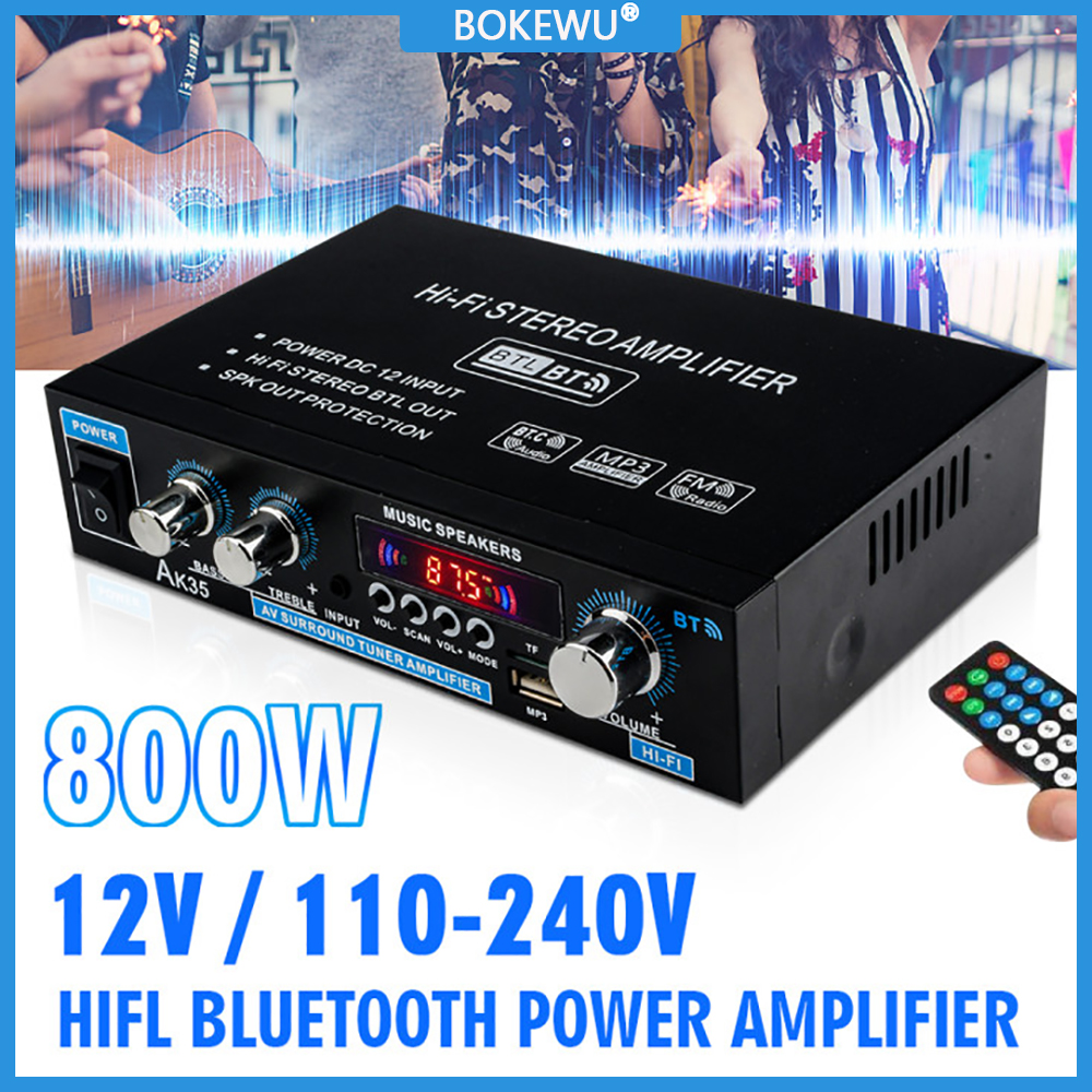 BOKEWU AK35 800W Home Car Amplifier 2 Channel Bluetooth 5.0 Stereo HiFi Digital Amplifier Surround Sound FM USB with Remote Control