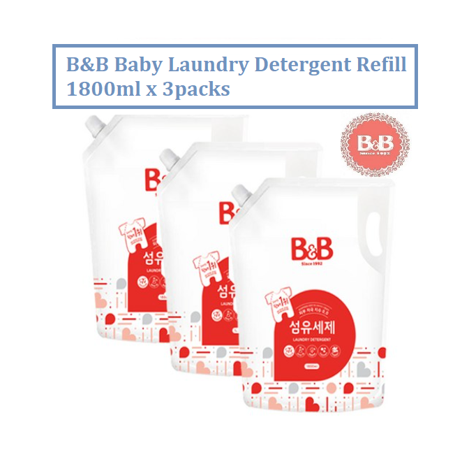Korea B&B Baby Detergent Refill 1800ml X 3packs| Natural Laundry Liquid Cleaning Agent for Infant & Sensitive Skin| Gentle Fabric Wash for Newborns' bedding & clothes| Household Care| Mother & Baby Ca