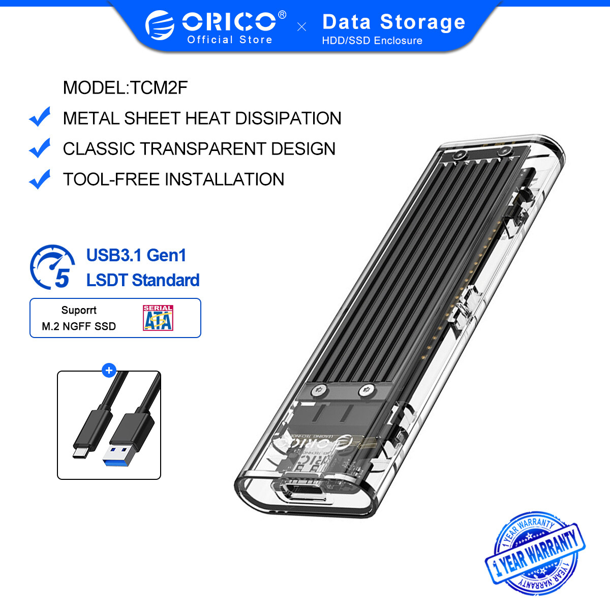 ORICO SATA M.2 NGFF SSD Case 5Gbps Support UASP Protocol USB3.1 Gen1 Type-C Mini Transparent SSD Enclosure With C to C and C to A Cable(TCM2F)