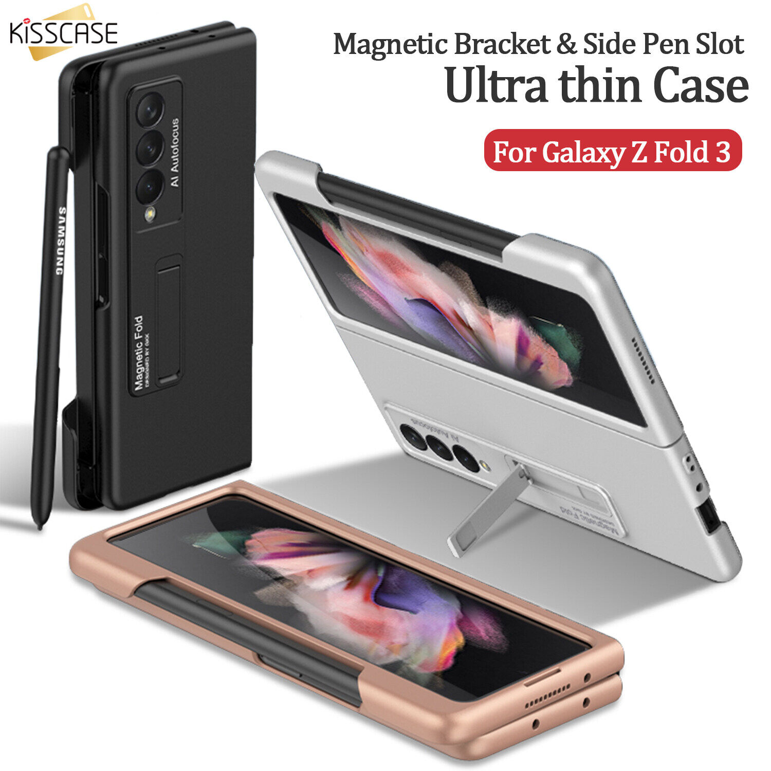 【With Pen Included】KISSCASE For Samsung Z Fold 3 5G Magnetic Bracket Holder Full Cover Shell For Samsung Phone Case for Samsung Galaxy Z Fold 3 5G Back Cover