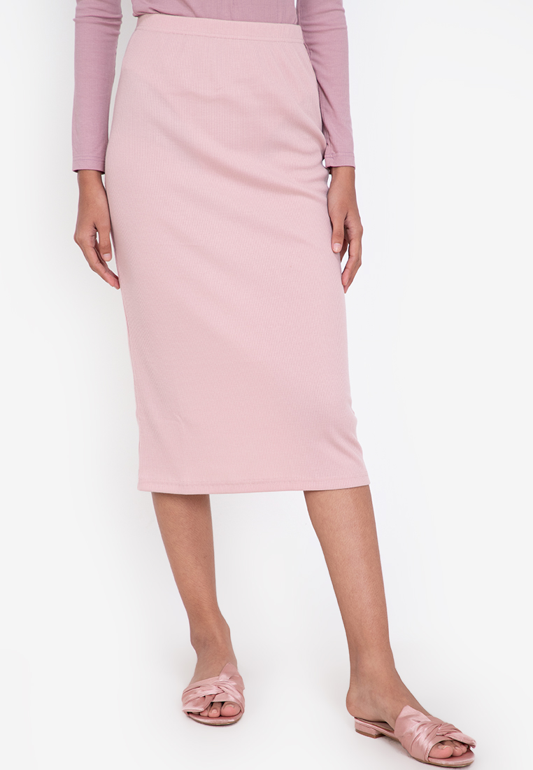 Zalora Basics - Midi Ribbed High Waist Skirt (Skirts)
