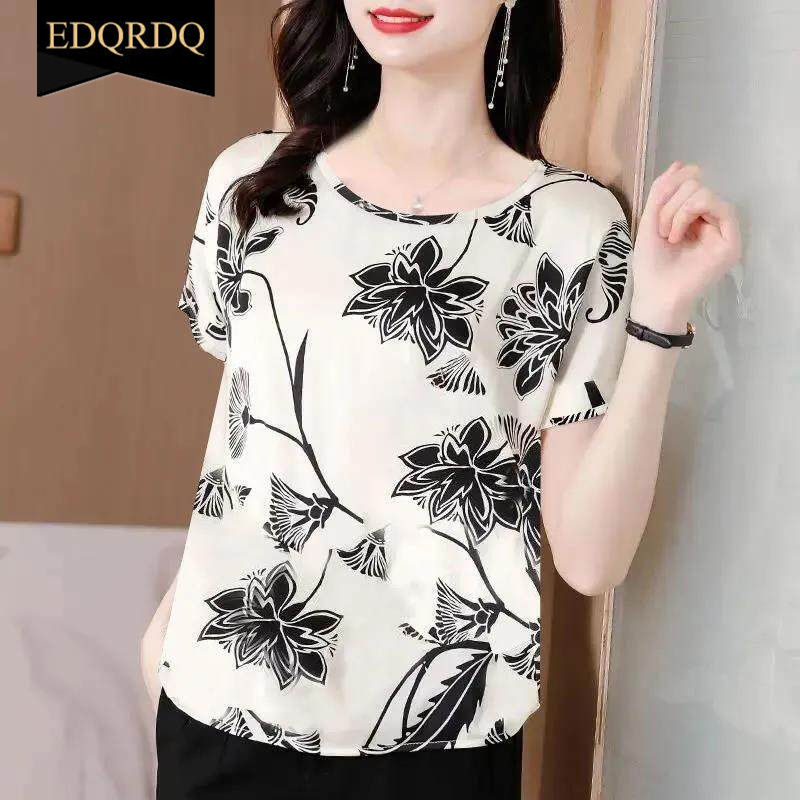 Women's Round Neck Short Sleeve Tops Satin Silk Floral Printed T Shirts