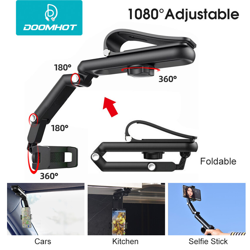 Doomhot Car Phone Holder Multifunctional Car Sun Visor Phone Mount 1080° Rotatable Stand Car GPS Bracket Rear View Mirror Clip Car Cell Phone Bracket for 4-7 Inch Phone