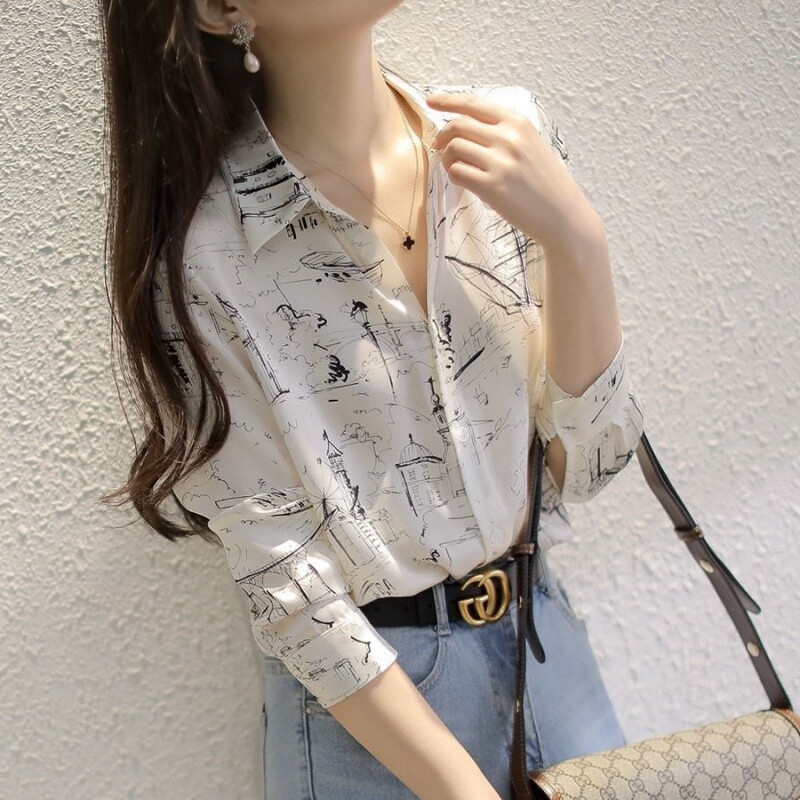 Super Value Women Loose Printed Long Sleeve Polo Shirt