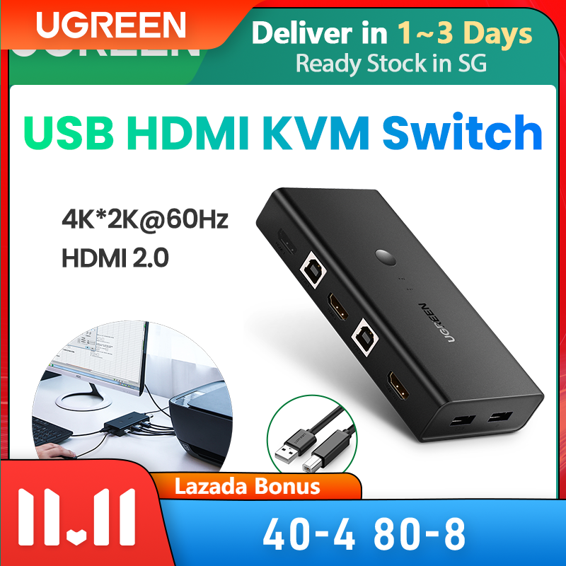 UGREEN USB HDMI KVM Switch 4K 60Hz Ultra HD 2 IN 1 HDMI Switcher Box and VGA to USB KVM Splitter for Sharing Monitor Printer Keyboard Mouse