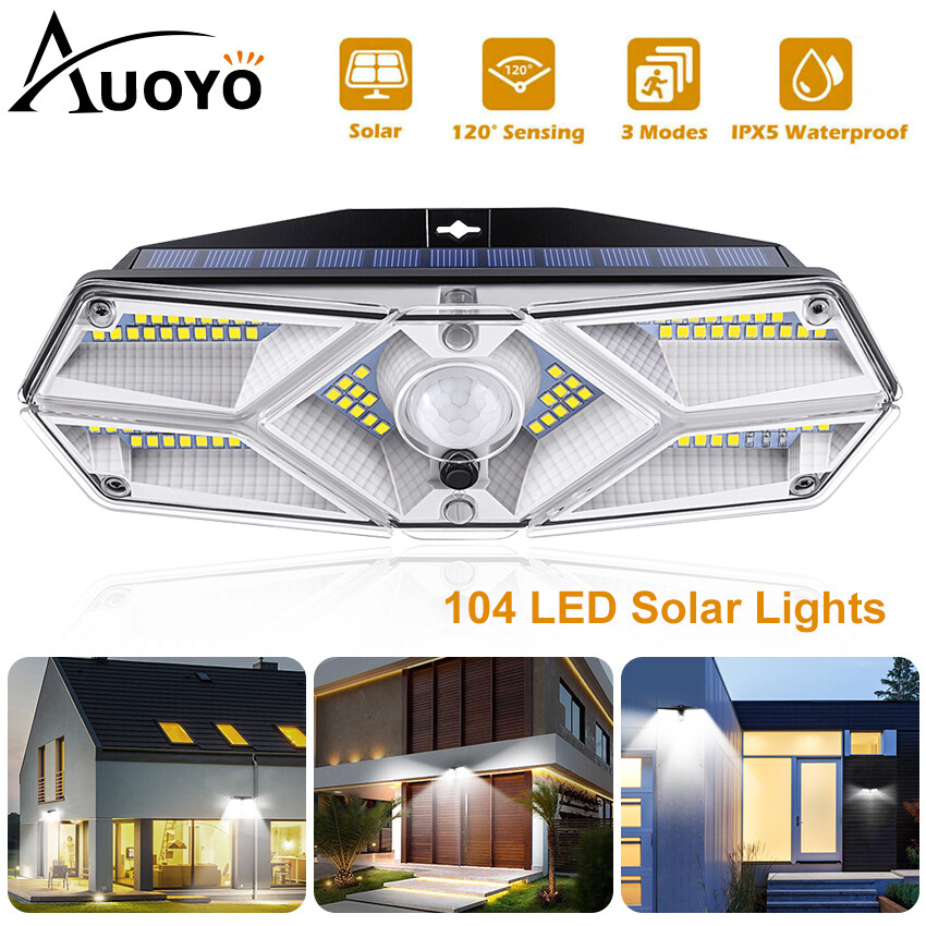 Auoyo 104 LED Solar Lights Outdoor Lighting Wall Light Lamps Motion Sensor Lamp IPX5 Waterproof Wall Lamp with 270°Wide Angle Solar Powered Lights Decorative Night Light Sunlight Solar Light for Front