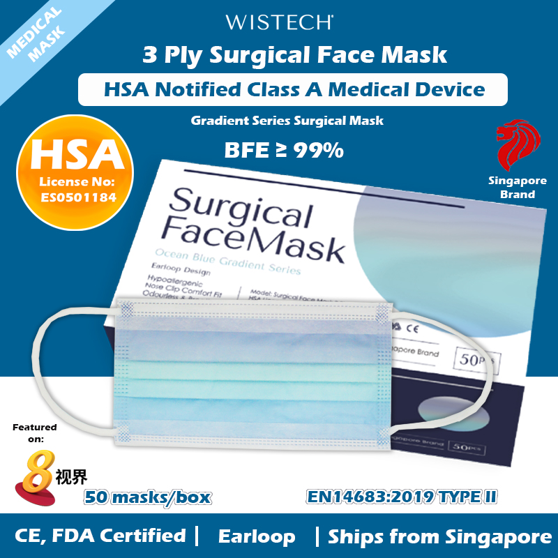 [OFFICIAL STORE] GET ADDITIONAL % OFF (Black/others) Wistech 3 Ply Surgical Mask, HSA Notified Medical Device, FDA CE Approved, BFE 99%, Wistech Singapore