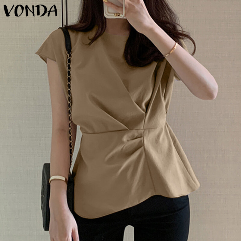 VONDA Women Summer Sleeveless Solid Color Blouse T-shirts Casual Pleated Tank Tops Vests (Korean Causal)
