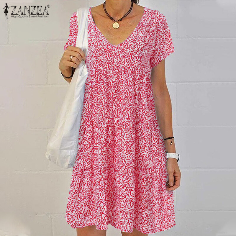 ZANZEA Womens Casual Holiday Mini Shirt Dress Floral Print Tiered Loose Sundress